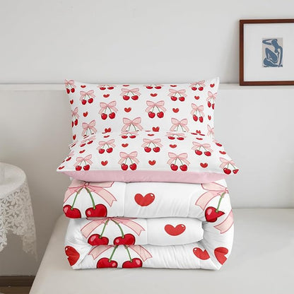 Manfei Pink Bow Girlish Kids Comforter Set Twin Size,Bowknot Cherry Tropical Fruit Cartoon Bedding Set,Girls Women Room Decor,Cute Princess Style Down Comforter,Pink Bow Tie Duvet Insert,1 Pillowcase