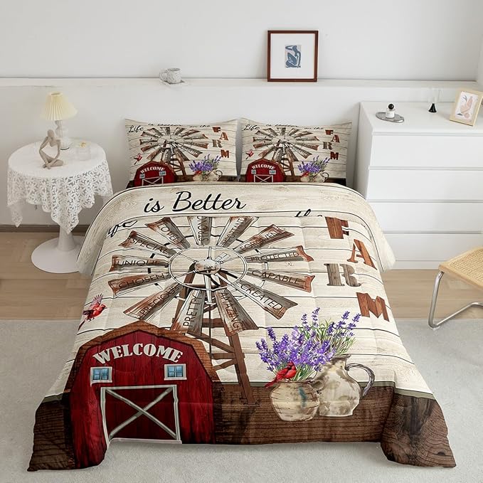 Erosebridal Western Farmhouse Quilt Bedding Sets Twin Country Rustic Comforter Set for Cabin Lodge Cardinal Barn Lavender Windmill Duvet Insert Pastoral Rural Comforter 1 Pillow Case Home Room Decor