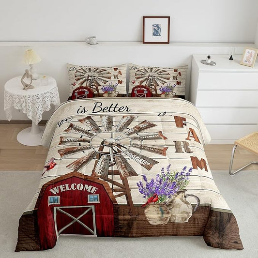 Erosebridal Western Farmhouse Quilt Bedding Sets Twin Country Rustic Comforter Set for Cabin Lodge Cardinal Barn Lavender Windmill Duvet Insert Pastoral Rural Comforter 1 Pillow Case Home Room Decor