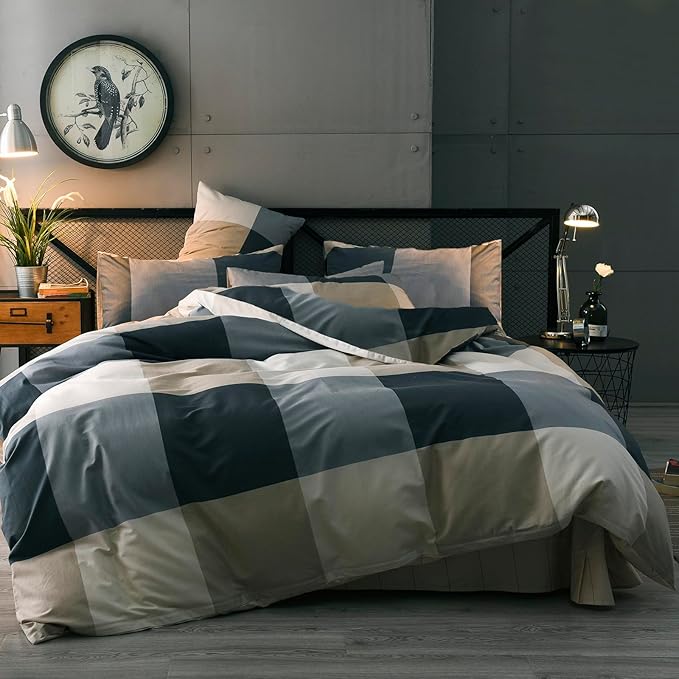 mixinni California King Comforter Set Men Boys Geometric Checkered Plaid Printed Bedding Comforter for All Season Soft Lightweight Bedding Set-California King Size
