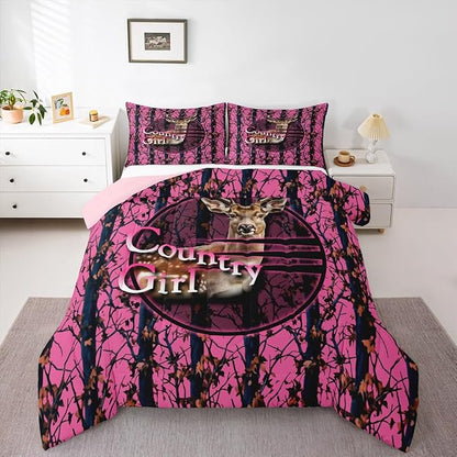 Erosebridal Deer Hunting Camo Queen Bedding Set,Pink Camouflage Comforter Set for Girls Boys Kids,Rustic Lodge Cabin Comforter,Country Hunter Bedroom Decor with 2 Pillowcases,Breathable