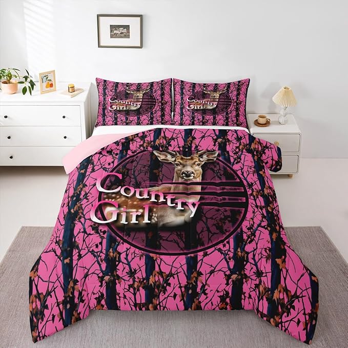 Erosebridal Deer Hunting Camo King Comforter Set,Pink Camouflage Bedding Sets for Girls Boys Kids,Rustic Lodge Cabin Quilt Bed Set,Country Hunter Room Decor with 2 Pillowcases,Breathable