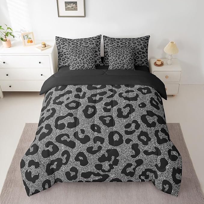 Leopard Print 7 Pieces Queen Size Comforter Set,Wild Animal Skin Bedding Set for Kids Teens Adults,Fashion Ombre Glitter Print(Comforter+Fitted+Flat Sheet+2 Pillowcases+2 Throw Pillow Covers)