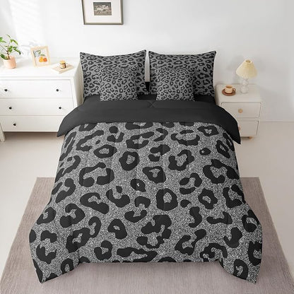 Leopard Print 7 Pieces Queen Size Comforter Set,Wild Animal Skin Bedding Set for Kids Teens Adults,Fashion Ombre Glitter Print(Comforter+Fitted+Flat Sheet+2 Pillowcases+2 Throw Pillow Covers)