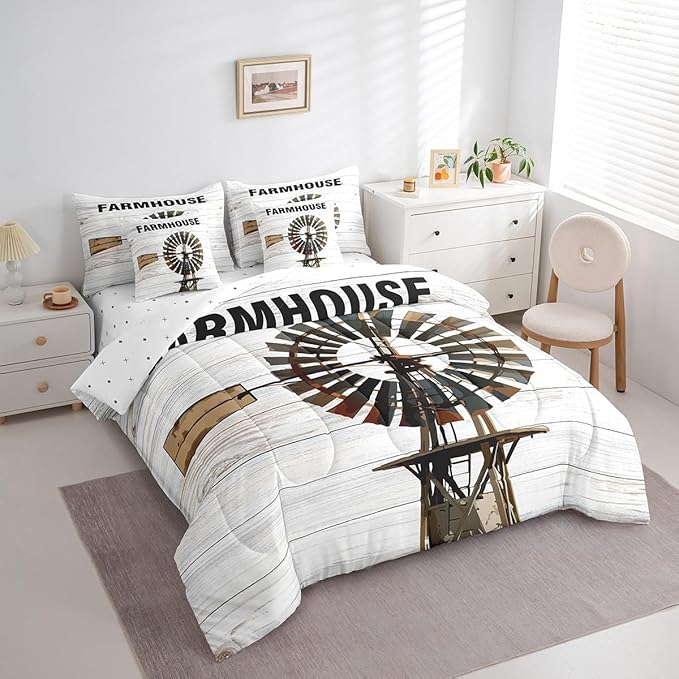 Erosebridal Farmhouse Comforter Set Bed in a Bag Full Size Rustic Windmill Comforter Set with Wooden Style Sheets(1 Comforter, 1 Flat Sheet, 2 Pillowcases, 2 Throw Pillow Covers)