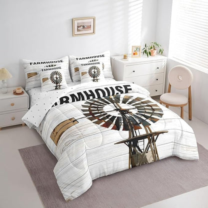 Erosebridal Farmhouse Comforter Set Bed in a Bag Full Size Rustic Windmill Comforter Set with Wooden Style Sheets(1 Comforter, 1 Flat Sheet, 2 Pillowcases, 2 Throw Pillow Covers)