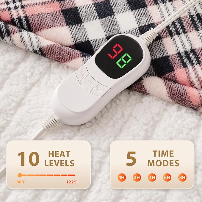 Homemate Electric Blanket Heated Twin Size - 62“x84“ Ultra Soft Cozy Flannel Heating Blanket with 10 Fast Heat Levels 8 Hours Auto Off Over-Heated Protection ETL Certification Keep Warm in Home