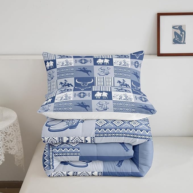 Western Cowboy Comforter Set King Size,Aztec Tribal Striped Bedding Set 3Pcs for Kids Teens Women Men Room Decor,Blue White Geometric Grid Quilt Set Vintage Rustic Duvet Insert,2 Pillowcases