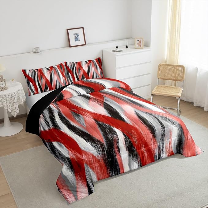Erosebridal Geometric Stripes Comforter Twin Modern Abstract Comforter Set Grey Black Red Bedding Set for Kids Boys Teen Men Swirl Lines Quilt Duvet Room Decor 2 Pcs