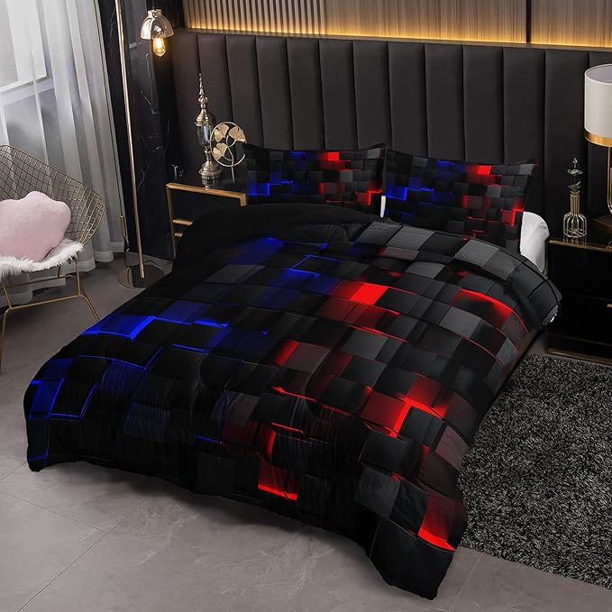 Neon Red and Blue Comforter Set King Geometric Kids Bedding Set,3 PCS Geometry Honeycomb Bed Set Modern Quilt Set 1 Comforter 2 Pillow Cases Cool Room Decor All Season B-Side Black