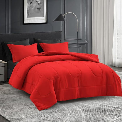 Maple&Stone Queen Size Comforter Set 7 Pieces Bed in a Bag - Down Alternative Bed Set with Sheets, Pillowcases & Shams, Soft Reversible Duvet Insert for Queen Bed, Black and Red