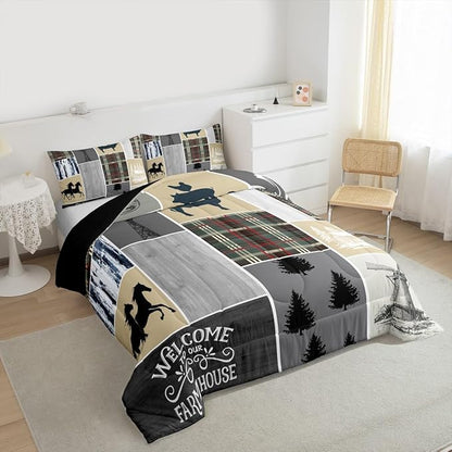 Erosebridal Horse Comforter Set for Boys, Rustic Cabin Patchwork Bedding Set Queen Size, Western Cowboys Cowgirls Bedding Comforter Sets Farm Animal Windmill Patchwork Duvet Insert Southwestern Decor