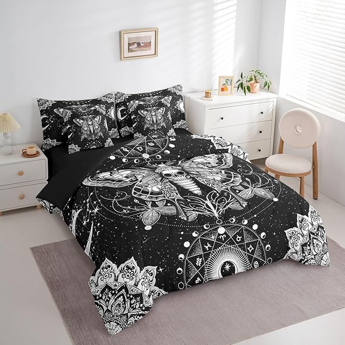 Feelyou Death Moth Bed in a Bag with Comforter, Full Size 7Pcs Halloween Decorations Bedding Set with Comforter, Women Men Ultra Soft Skull Moth Decor Comforter Boho Room Decor