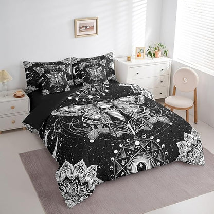 Feelyou Death Moth Bed in a Bag with Comforter, Twin Size 7Pcs Halloween Decorations Bedding Set with Comforter, Women Men Ultra Soft Skull Moth Decor Comforter Boho Room Decor