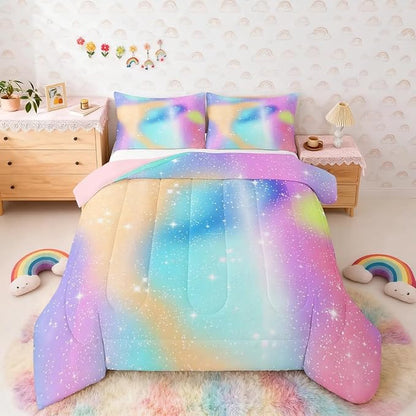 Feelyou Glitter Galaxy Bedding Set Soft for Boys Girls, Cute Rainbow Comforter Set Twin Size Tie Dye Ombre Duvet Quilt Microfiber Lovely Kids Rainbows Bedroom Decor 2 Pcs with 1 Pillow Cases