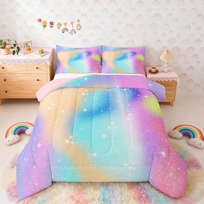 Feelyou Glitter Galaxy Bedding Set Soft for Boys Girls, Cute Rainbow Comforter Set Full Size Tie Dye Ombre Duvet Quilt Microfiber Lovely Kids Rainbows Bedroom Decor 3 Pcs with 2 Pillow Cases