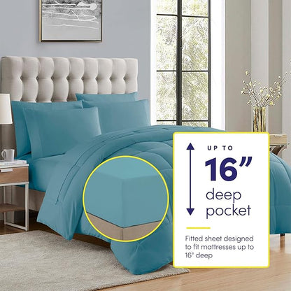 Sweet Home Collection 5 Piece Comforter Set Bag Solid Color All Season Soft Down Alternative Blanket & Luxurious Microfiber Bed Sheets, Misty Blue, Twin