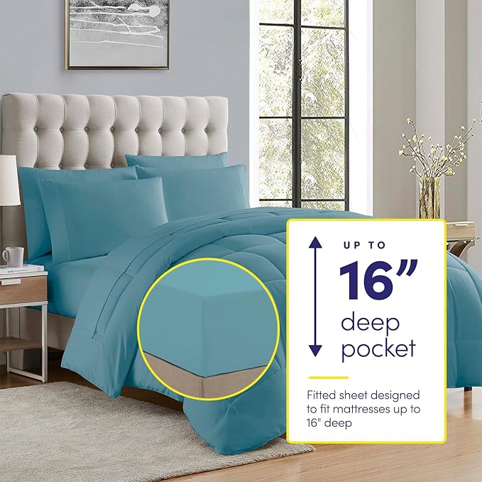 King Size Comforter Set with Sheets - 7-Piece Bedding Collection - 1 Comforter, 1 Fitted Sheet, 1 Flat, 4 Pillowcases - Deep Pocket - Soft & Premium Quality - Ideal for All Seasons, Misty Blue