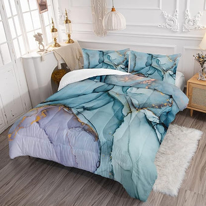 HOSIMA Marble Abstract Bedding Set Full Size, Gold and Blue Marble Comforter Set for Girls Kids Women Bedroom Decor,Bedding Comforter Sets 3 Pieces with 2 Pillowcases.