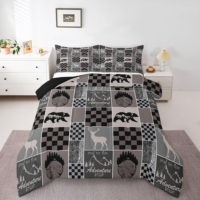 Cabin Bear Deer Comforter Set For Boys, Rustic Retro Country Animal Quilt King Size, Hunting Camper Lodge Bedding Comforter Sets Adventure Vintage Western Farmhouse Duvet Insert, Brown Gray Black