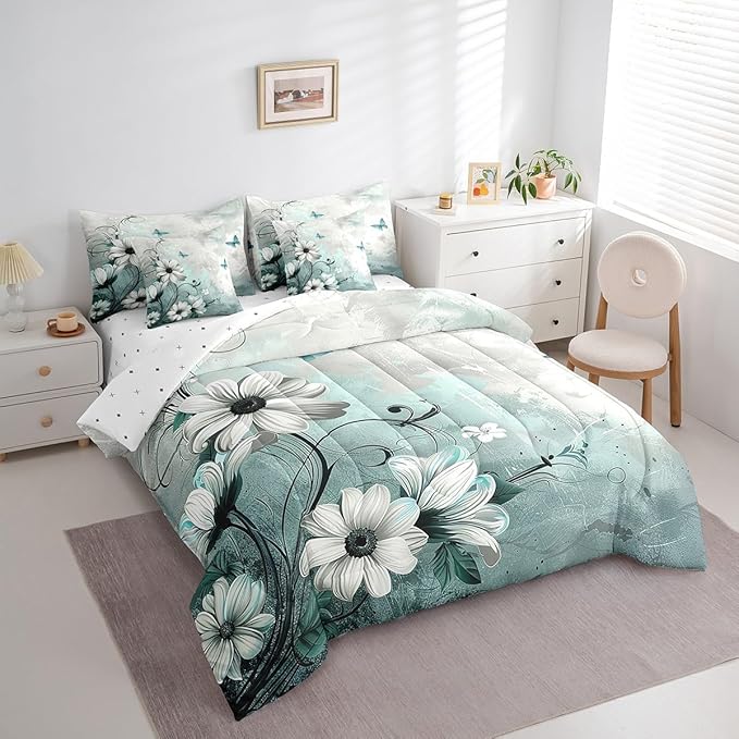 Feelyou Butterfly Comforter Set Full Size 7 Pieces Vintage Floral Daisy Bedding Set for All Season Flower Botanical Nature Theme Bed in a Bag with Comforter, Sheets, Pillowcases & Cushion Cover