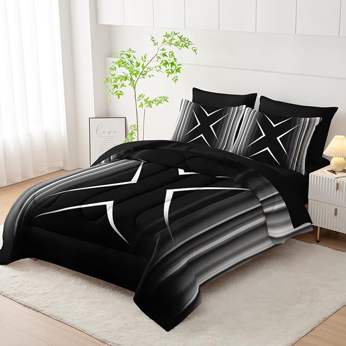 Black and White Geometric Comforter Set King Size 7Pieces,3D Abstract Mordern Printed Bedding Set for Adults,Geometric Mordern Decor All Seasons with Pillowcases,Flat, Fitted Sheet