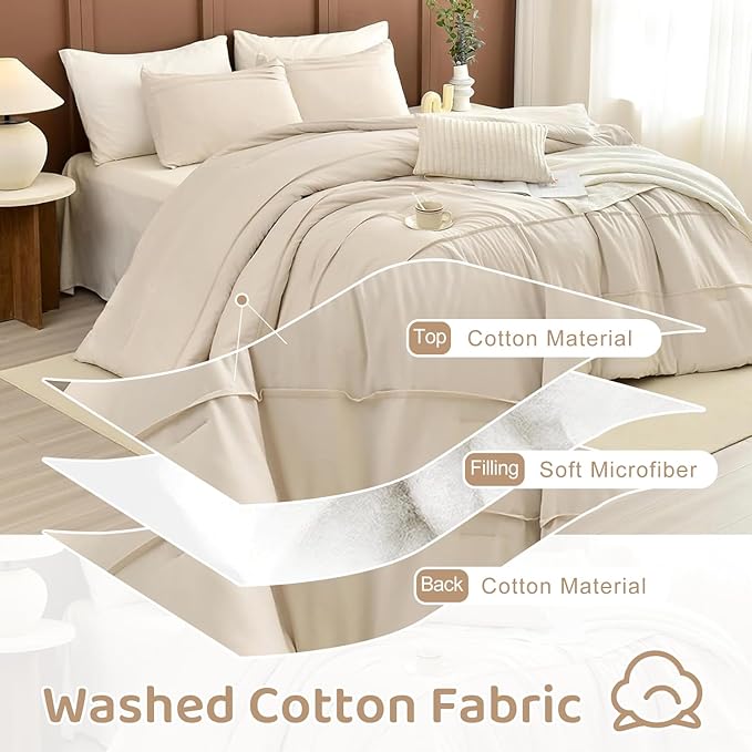 Sanracie Cotton Comforters Queen Size(90"x 95"),Pinch Pleated Wheat Colored Super Soft Lightweight Bedding Set 3Pcs Breathable Comforter Sets for All Season