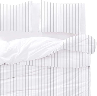 Wake In Cloud - Striped Comforter Set, Ticking Stripe Vertical Pinstripe Neutral Farmhouse Pattern Printed, Soft Lightweight Bedding, 3 Pieces, Gray White, Twin/Twin XL Size