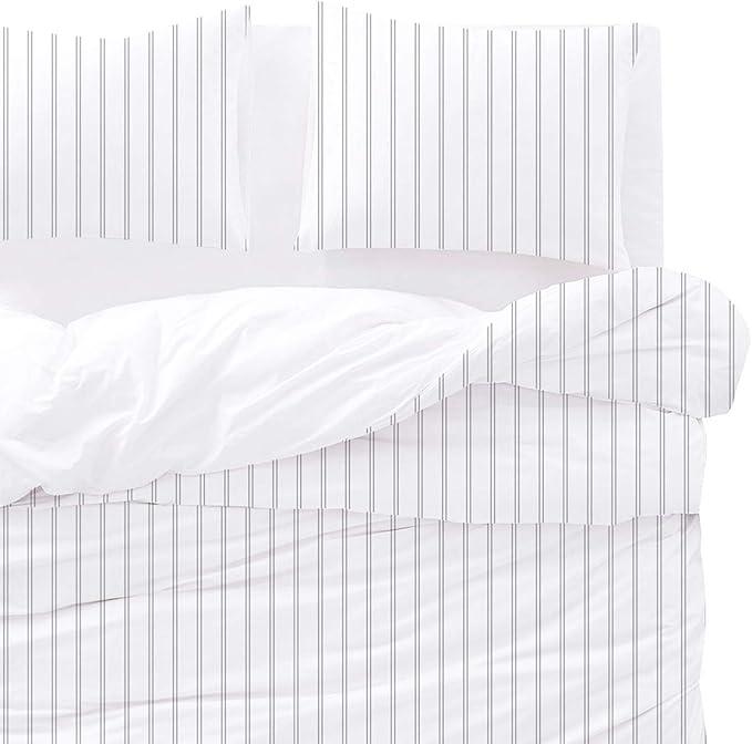 Wake In Cloud - Striped Comforter Set, Ticking Stripe Vertical Pinstripe Neutral Farmhouse Pattern Printed, Soft Lightweight Bedding, 3 Pieces, Gray White, King Size