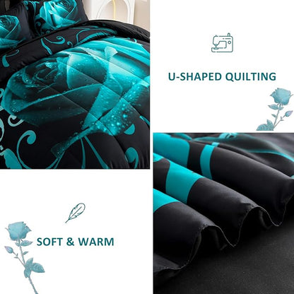 WONGS BEDDING Teal Green Comforter Set Queen, Reversible Rose 7 Pieces Bed in a Bag, Lightweight Soft Microfiber Bedding Sets with Flat Sheet, Fitted Sheet, Pillowcases & Shams