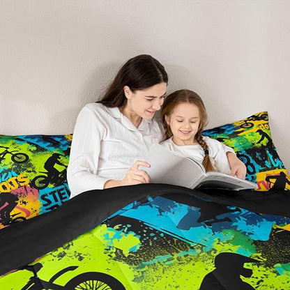 Erosebridal Boys Dirt Bike Comforter Set Queen Size Skateboard Bedding Set Motorcycle Motocross Duvet Set Extreme Sports Game Quilt Set Hip Hop Colorful Comforter Set for Kids Teens Adult