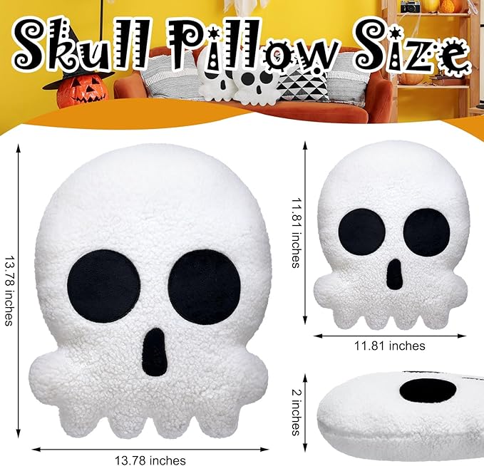 2 Pcs Skull Skeleton Pillows Decorative Skull Throw Pillows for Sofa Bed Couch Stuffed Gothic Party Outdoor Home Decorations Christmas Halloween Skeleton Decor Cushion (14 Inch and 12 Inch)