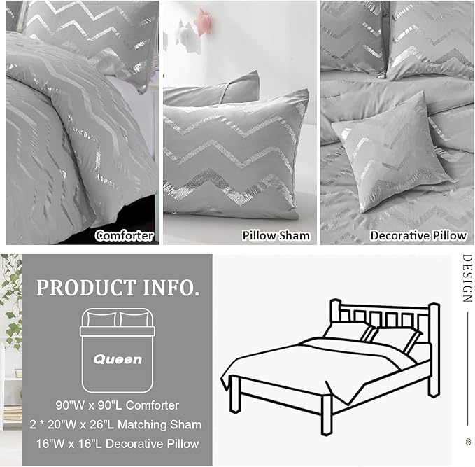 Menghomeus Grey and Silver Comforter Set Queen/Full Metallic Print Geometric Bed Comforter 4 Pieces Soft Microfiber Bedding for Teen Kids Boys (2 Pillow Shams + 1 Decorative Pillow Sham)