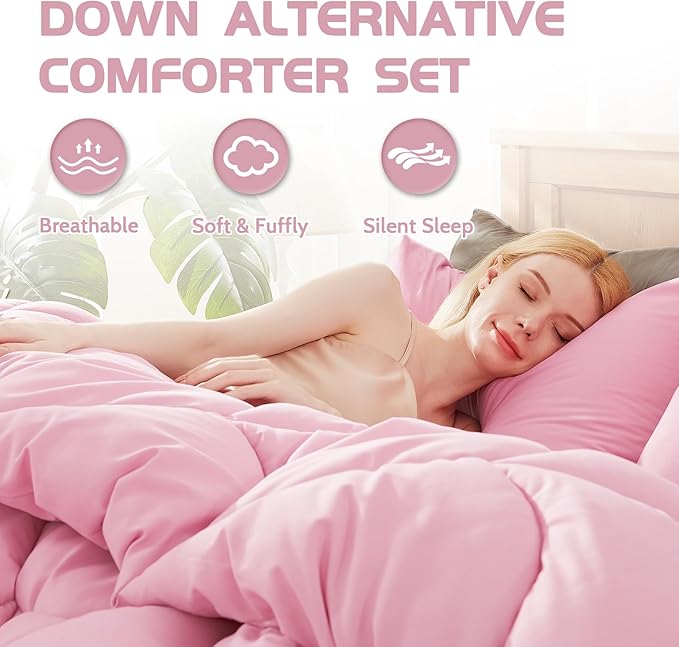 Decroom Lightweight Queen Comforter Set with 2 Pillow Sham - 3 Pieces Set - Quilted Down Alternative Comforter/Duvet Insert for All Season - Pink - Queen Size