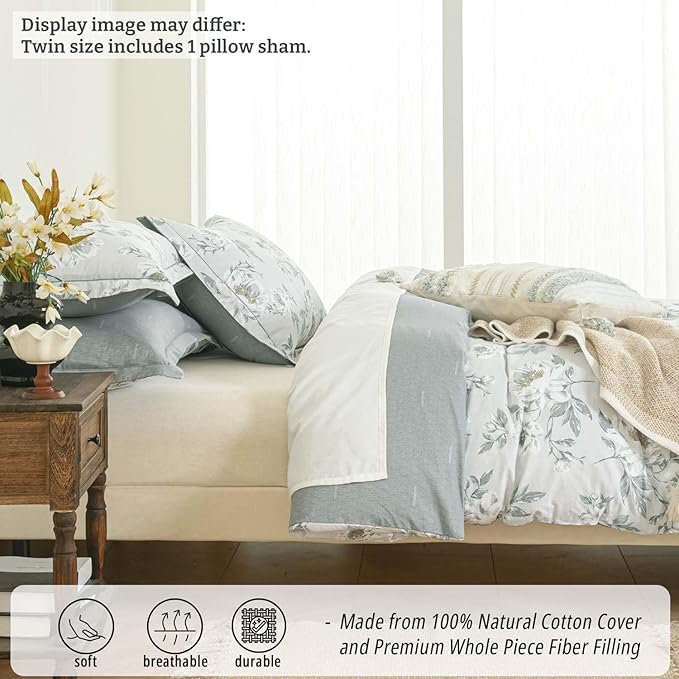 Floral Cotton Comforter Twin Size - Light Grey Comforter Printed with Vintage Ivory Flowers & Dark Yellow Stamens,Reversible Lightweight Bedding Sets 2Pcs(68"×90")