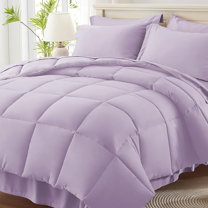 Anluoer Full Comforter Set 7 Piece, Lavender Bed in a Bag with Sheets, Comforters Full Size Bedding Sets with 1 Comforter, 2 Pillow Shams, 2 Pillowcases, 1 Flat Sheet,1 Fitted Sheet