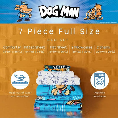 Franco Dog Man Supa Book Kids Bedding Super Soft & Cozy Reversible Microfiber Comforter and Sheet Set with Sham, 7 Piece Full Size, (Officially Licensed Product)