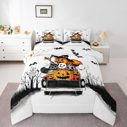 Erosebridal Halloween Decorations Comforter Set, Halloween Pumpkin Bedding Set Toddler for Kids Boys Teens Men Gothic Room Decor, Fall Pumpkin Comforter, Black Bat Ghost Orange White Black Quilt