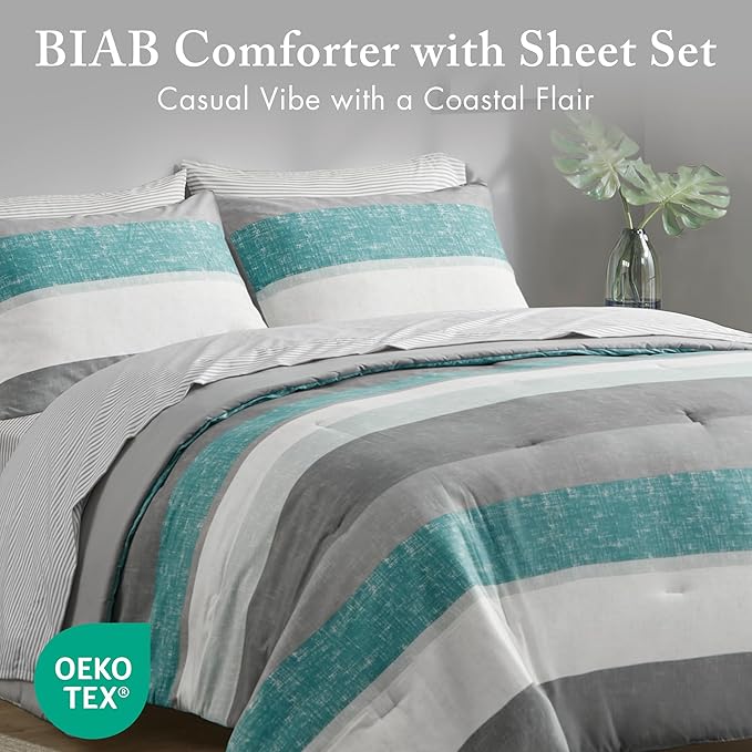 Madison Park Essentials King Comforter Set, Bed in A Bag Comforter & Sheet Set, Modern Casual Stripes Print, All Seasons, Soft Microfiber Bedding Makeover, Matching Shams, King Aqua/Grey 7 Piece