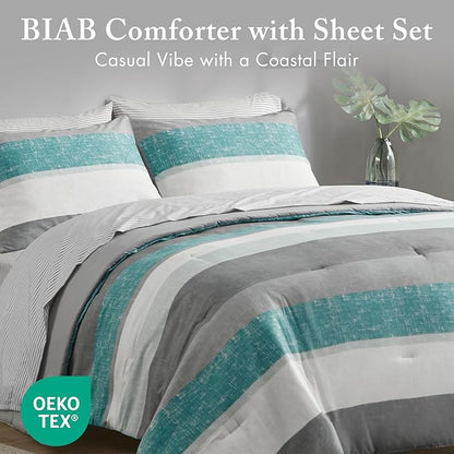 Madison Park Essentials King Comforter Set, Bed in A Bag Comforter & Sheet Set, Modern Casual Stripes Print, All Seasons, Soft Microfiber Bedding Makeover, Matching Shams, King Aqua/Grey 7 Piece