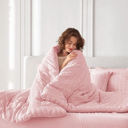 MUXHOMO 7 Pieces Full Comforter Set, Seersucker Bed in a Bag Full Size, All Season Luxury Bedding Set with Comforter, Flat Sheet, Fitted Sheet, Pillowcases & Shams, Pink