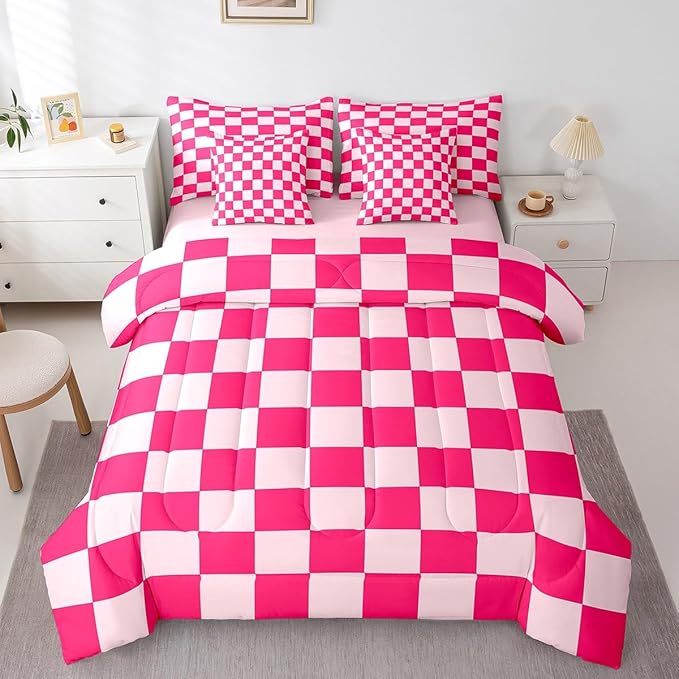 Feelyou Checkered 7 Piece Bedding Set Teen Women Boho Modern Cute Aesthetic Decorative Girly Comforter Set with Sheets Full Size Kids Boys Geometric Chic Bed in a Bag Pink White Plaid Room Decor