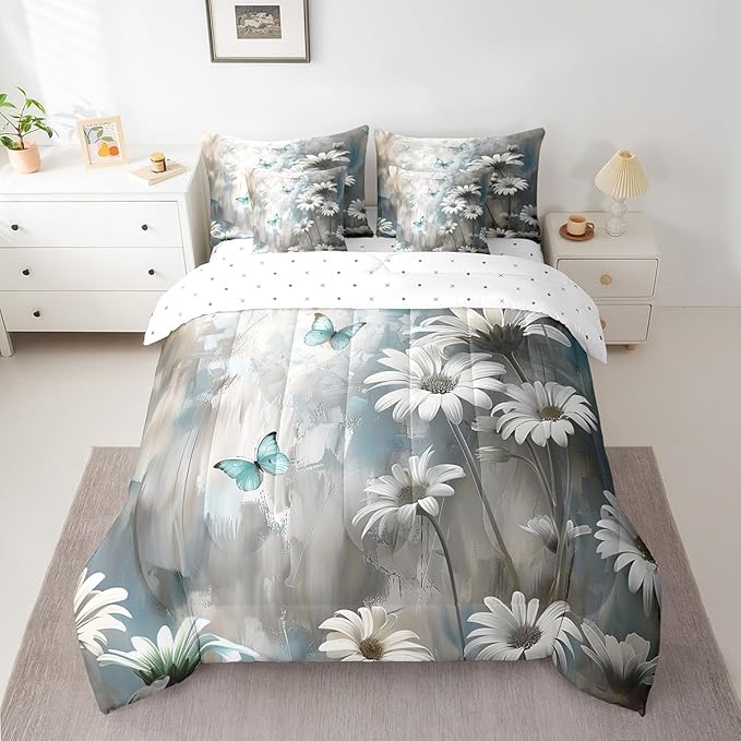 Feelyou Butterfly Comforter Set Queen Size 7 Pieces Vintage Floral Bedding Set for All Season Flower Botanical Nature Theme Bed in a Bag with Comforter, Sheets, Pillowcases & Cushion Cover
