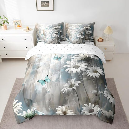 Feelyou Butterfly Comforter Set Full Size 7 Pieces Vintage Floral Bedding Set for All Season Flower Botanical Nature Theme Bed in a Bag with Comforter, Sheets, Pillowcases & Cushion Cover