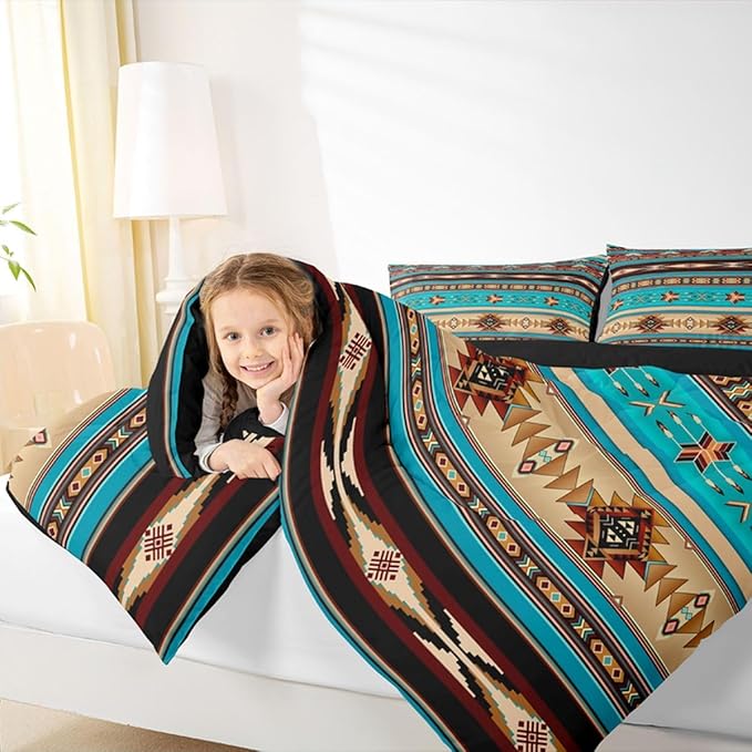 Aztec Bedding Set Ethnic Tribal Arrow Comforter Set,Vintage Southwestern Native Bohemian Quilt Twin,Western Star Duvet Insert Exotic Geometric Diamond Stripes Room Decor,Teal Blue and Brown