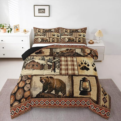 Feelyou Bear Comforter Set Full Size Wildlife Hunting Bedding Set for Kids Boys Girls Rustic Cabin Duvet Quilt Farmhouse Bedroom Decor Microfiber 3 Pcs with 2 Pillow Cases