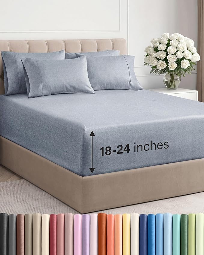 Extra Deep Cal King Sheet Set - 6 Piece Breathable and Cooling Sheets - Hotel Luxury Bedding for Women, Men, Kids & Teens - Easy Secure Fit - Soft & Wrinkle Free - Extra Deep Pockets - Heathered Blue