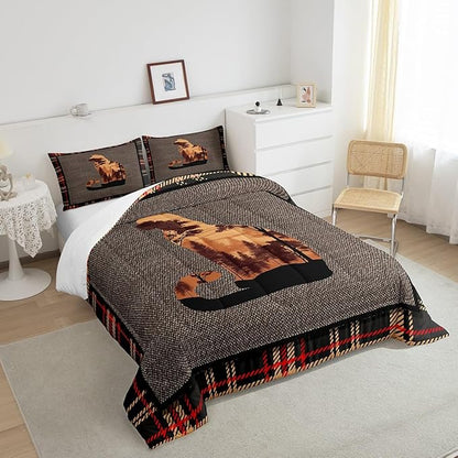 Erosebridal Cute Dog Queen Comforter Set for Boys Girls Kids,Vintage Pet Animals Bedding Set Western Decor,Rustic Farmhouse Down Comforter,Nature Woodland Pattern Grey Orange Duvet Set Room Decor