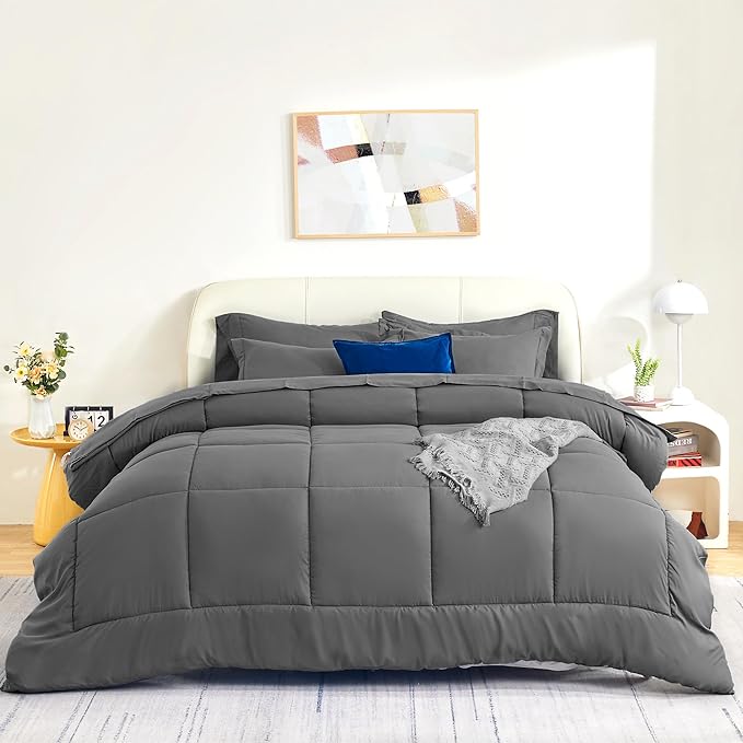 SLEEP ZONE Full Size Comforter Set Duvet Insert, Down Alternative Reversible Comforter, Lightweight, Soft and Breathable Bedding All Season, Square Quilting Grey