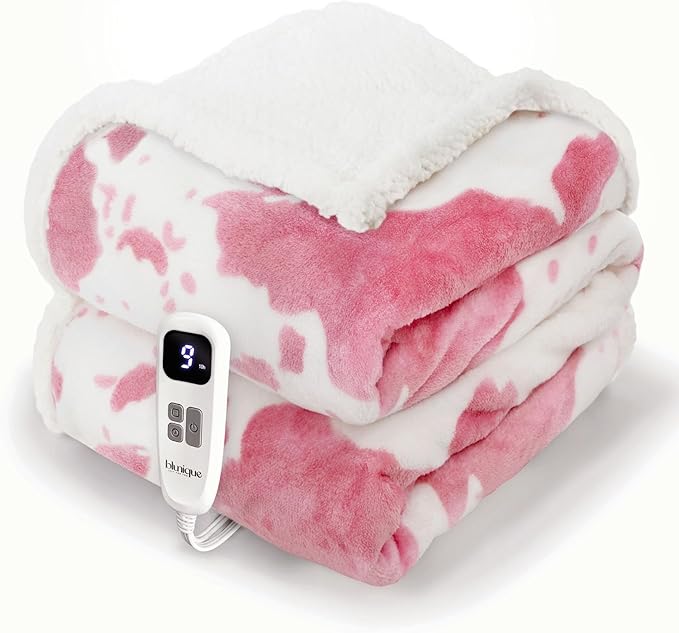 Cow Print Heated Throw Blanket Electric Blanket-Heating Blanket Throw with 10 Heat Levels & 10 Hours Auto-Off, Cozy Soft Fleece Sherpa, Washable, 50 x 60 Inches Cow Print Pink